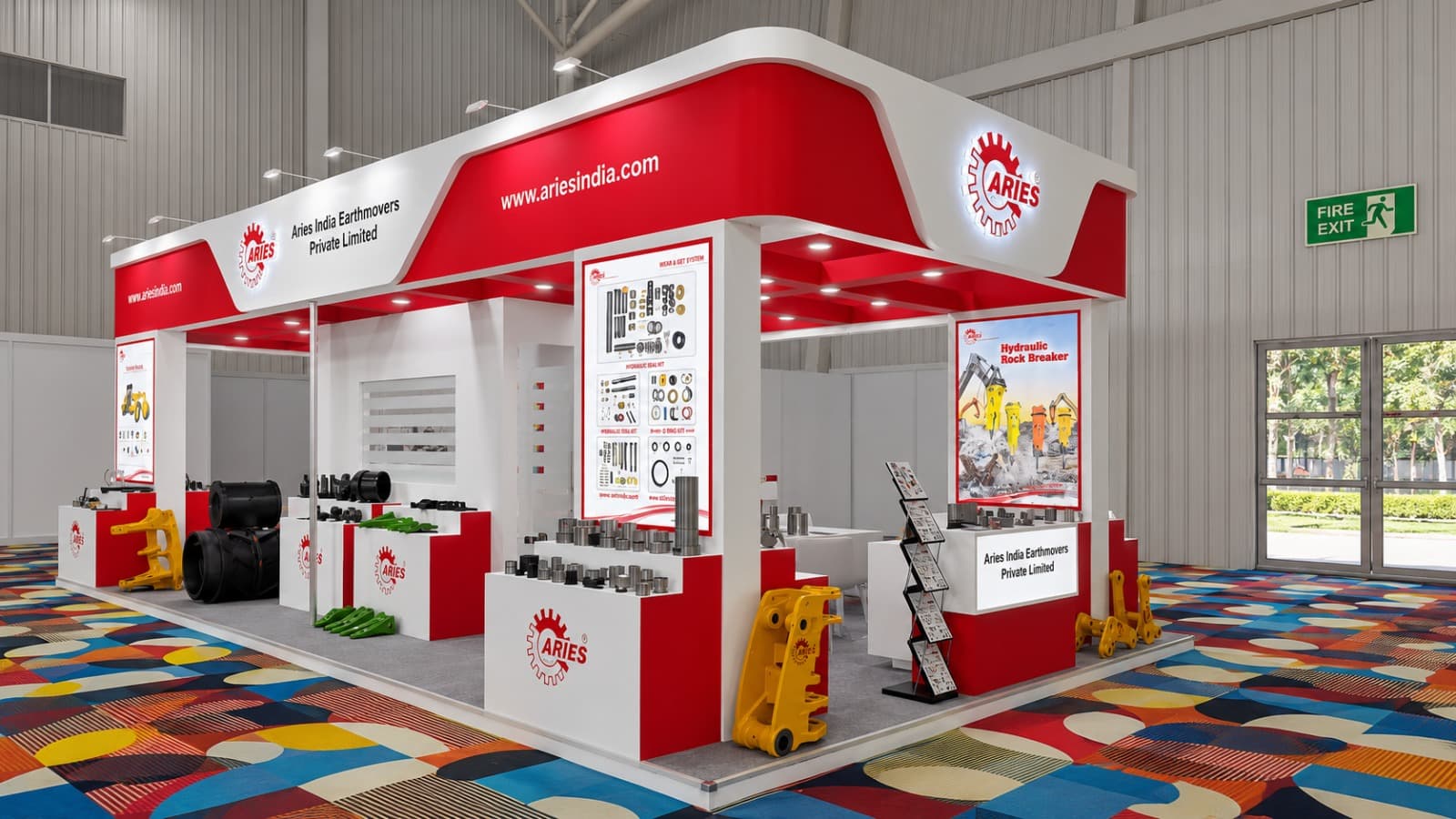 Aries India Earthmovers exhibition stand — technical product displays